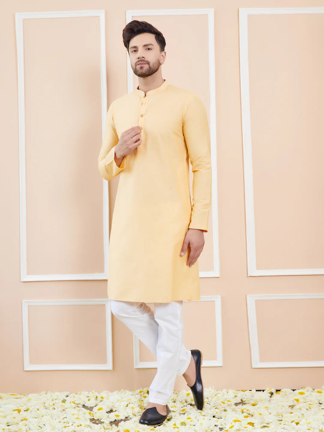 Men Beige Cotton Solid Straight Kurta