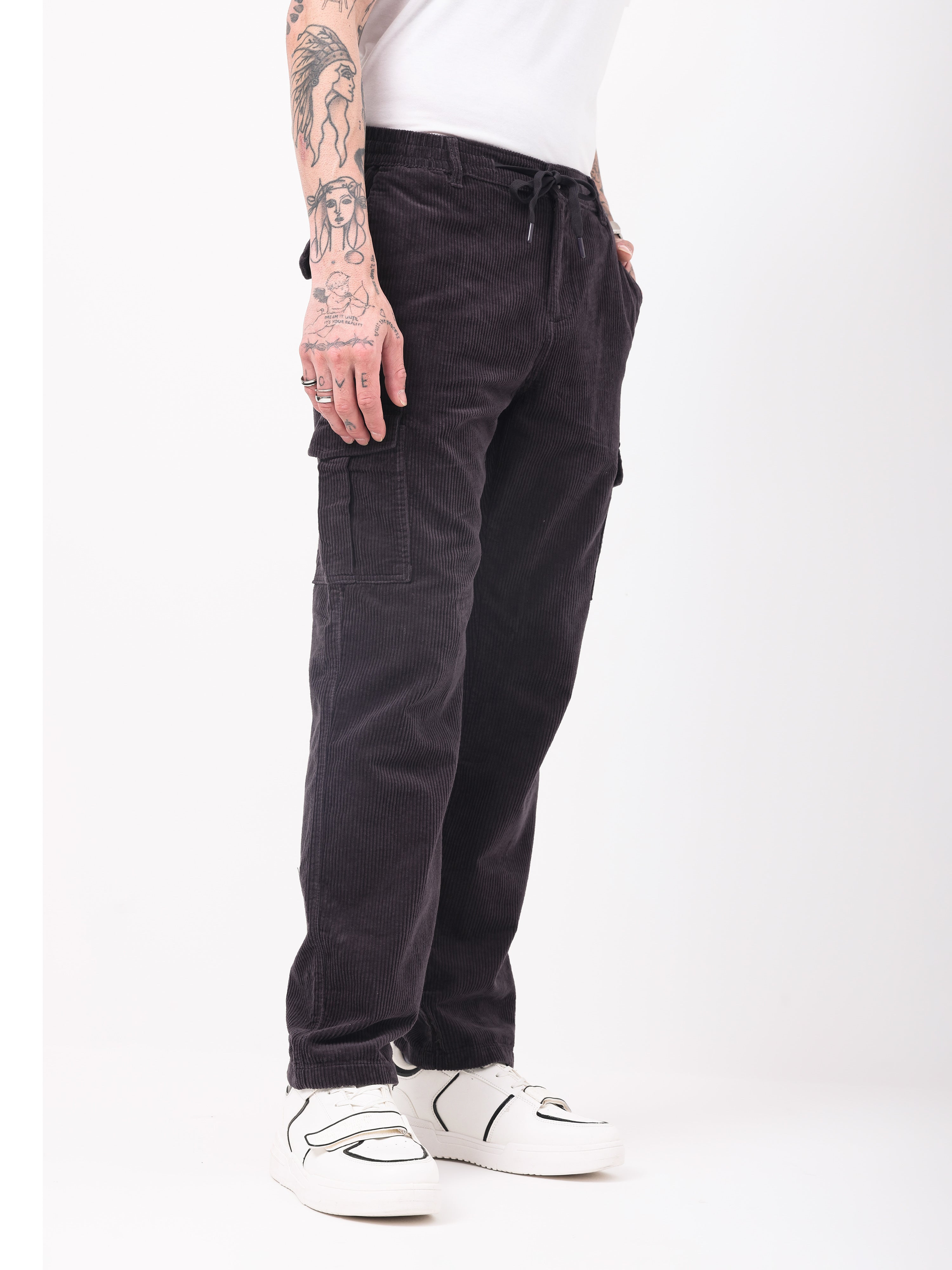 Men Black Corduroy Cargo Pants