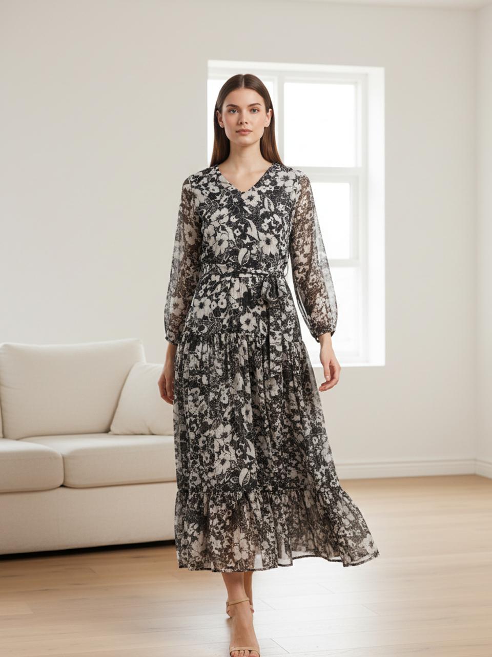 Women Floral Chiffon Flared Midi Dress