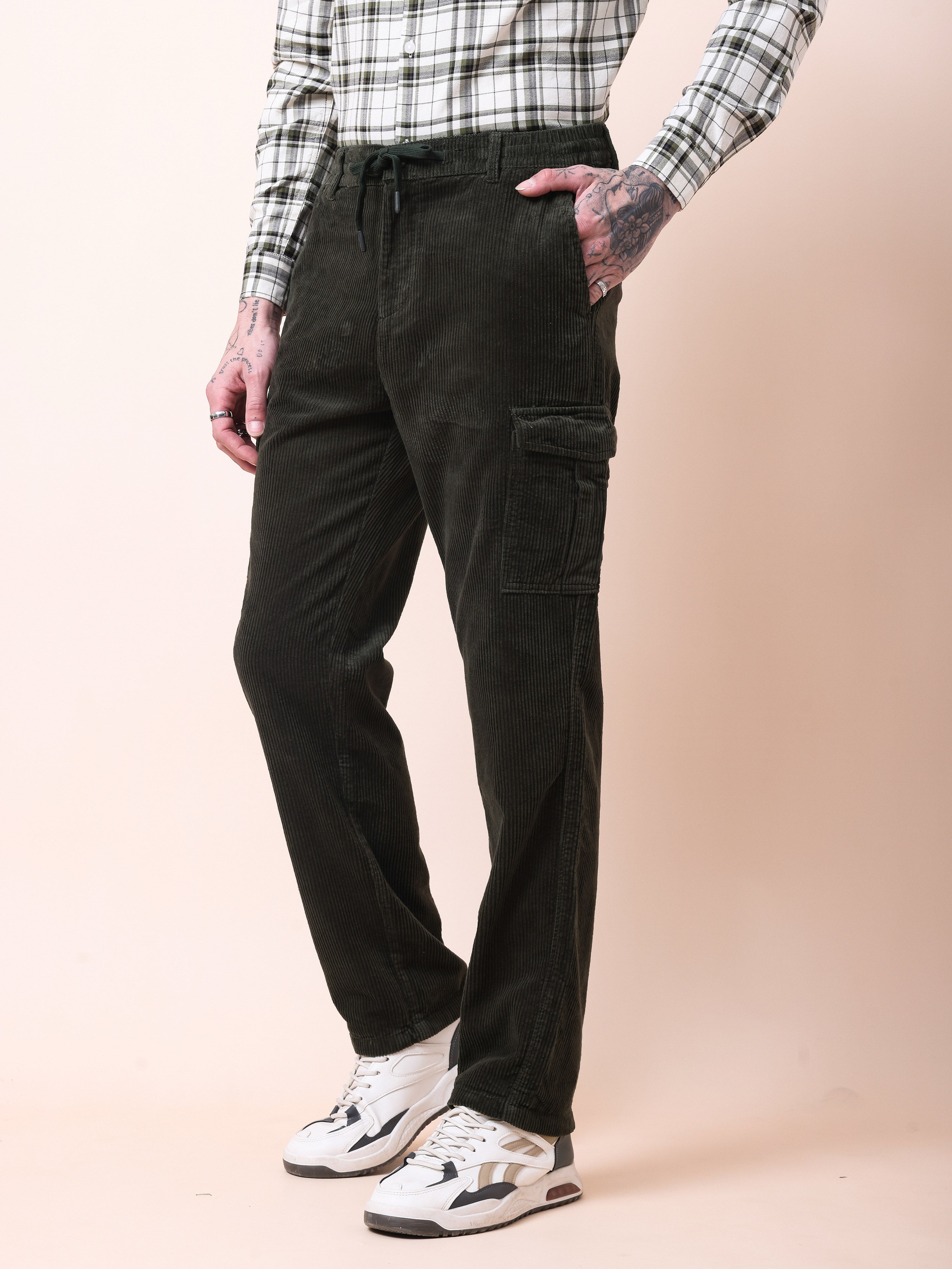 Men Olive Corduroy Cargo Pants