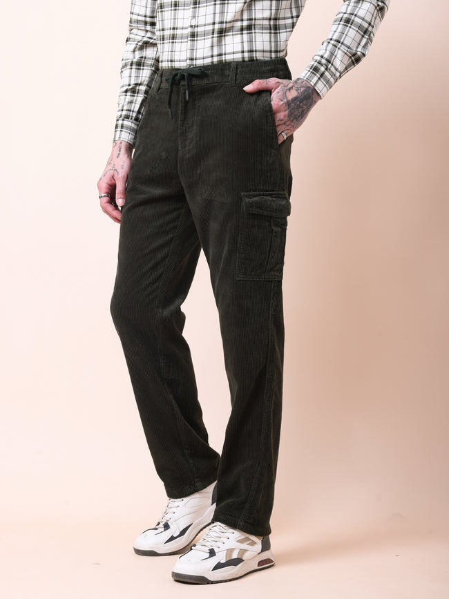 Men Olive Corduroy Cargo Pants