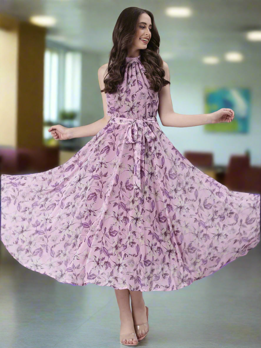 Women Lavender Floral Chiffon Dress