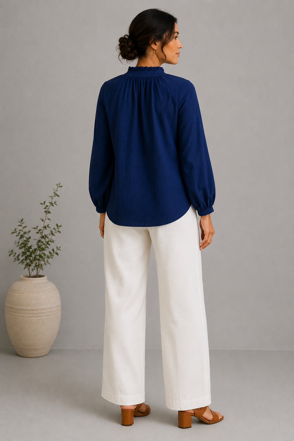 Women Navy Frilled Double Gauze Top