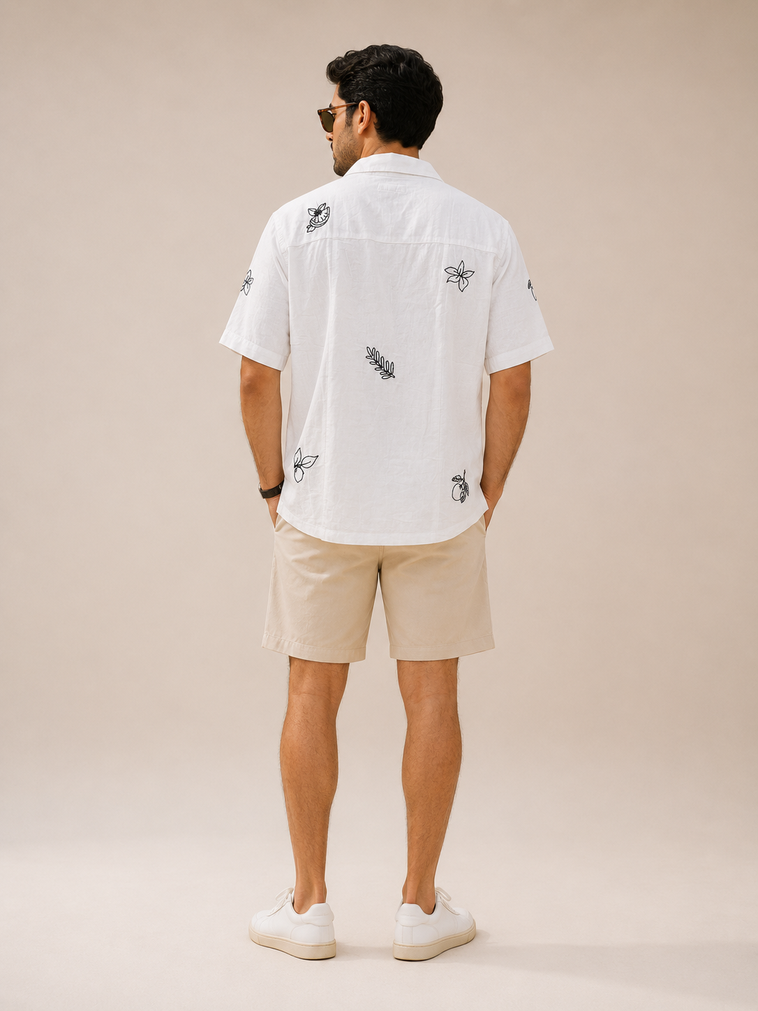 Men White Pure Linen Shirt with Botanical Embroidery