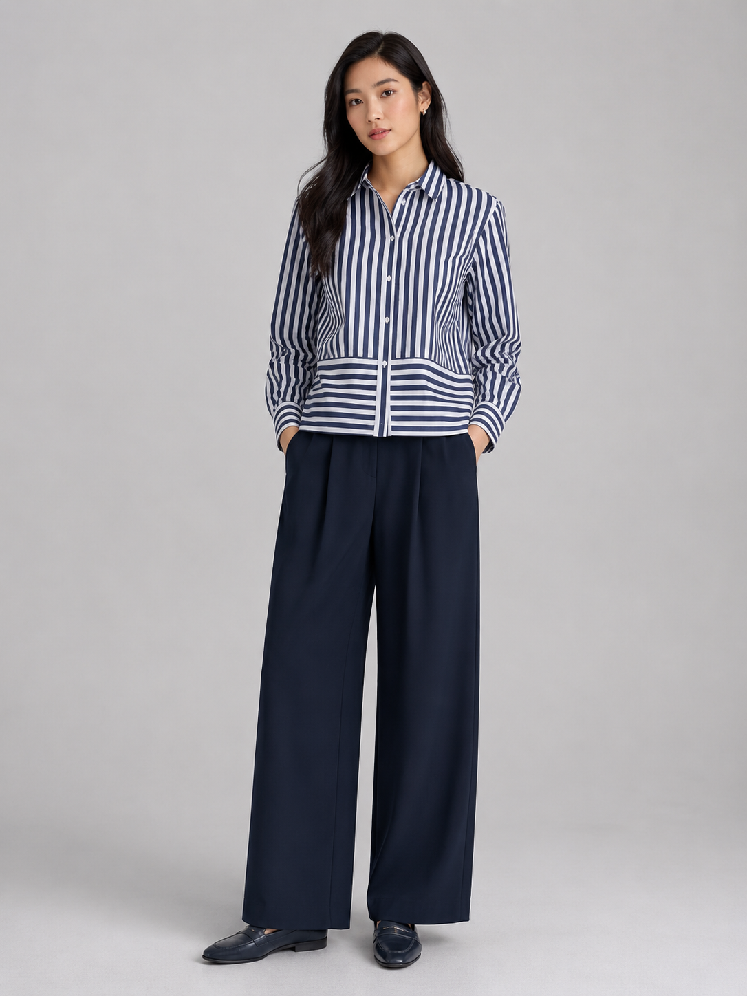 Women Navy Stripe Panel Detail Shirt