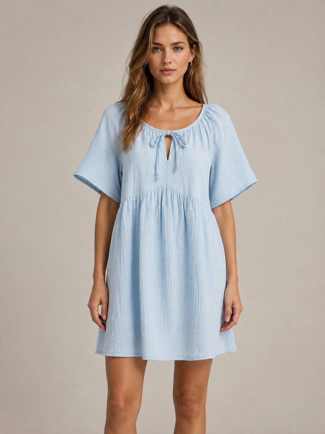 Women Blue Tie-Neck Relaxed Dress