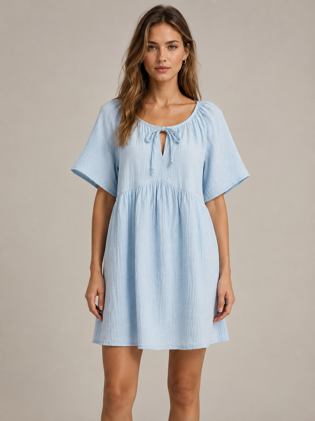 Women Blue Tie-Neck Relaxed Dress