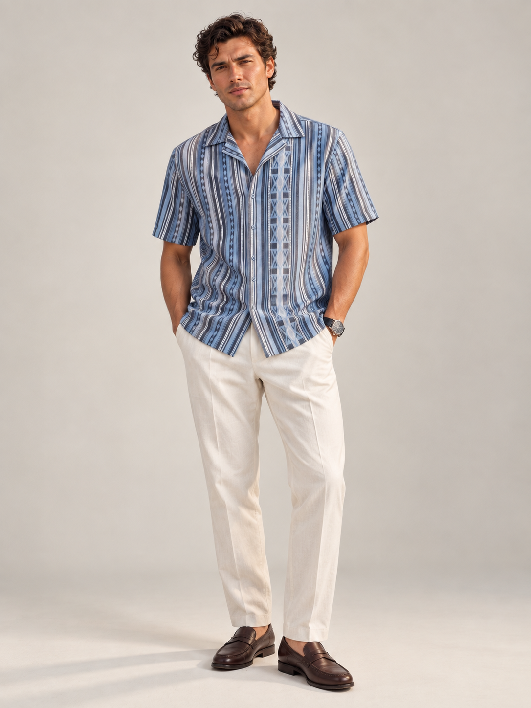 Men Blue Asymmetric Stripe Cuban Collar Shirt
