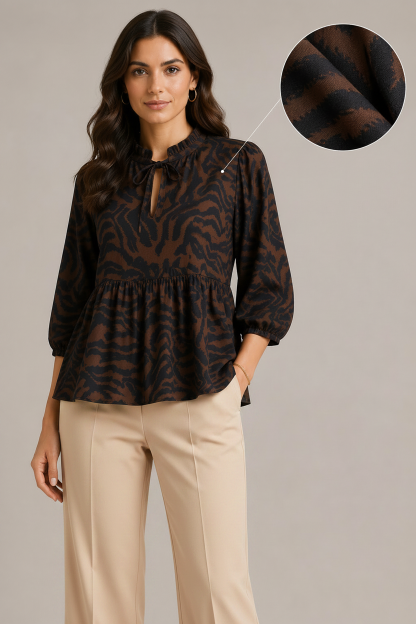 Women Tiger Print Tie-Neck Peplum Top