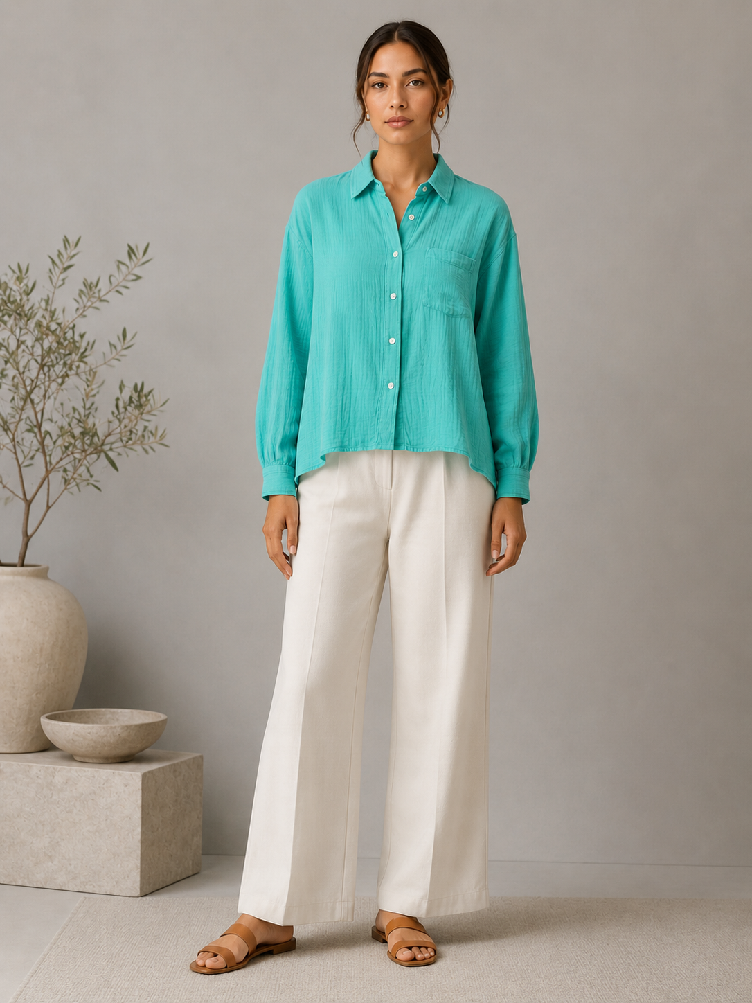 Women Green Double Gauze Comfort Shirt