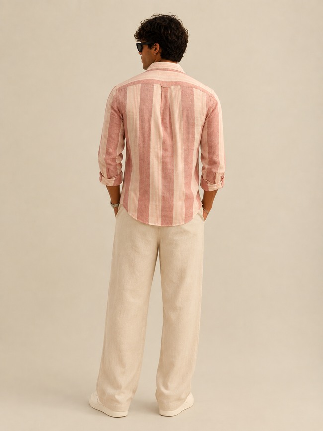 Men Red Vertical Stripe Long Sleeve Shirt