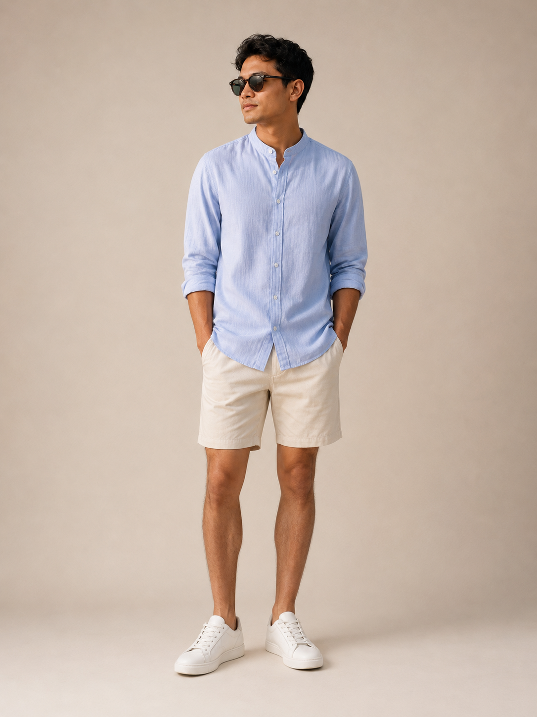 Men Light Blue Linen Band Collar Shirt