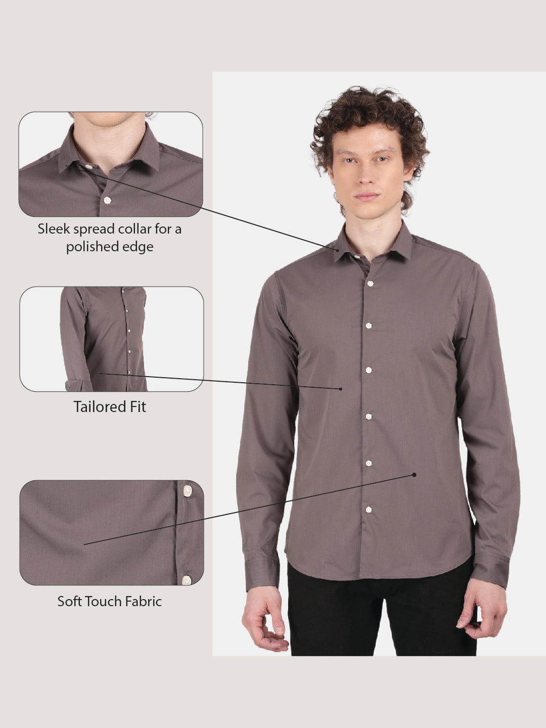Men Grey Slim Fit Spread Collar Full Sleeve Casual Shirt