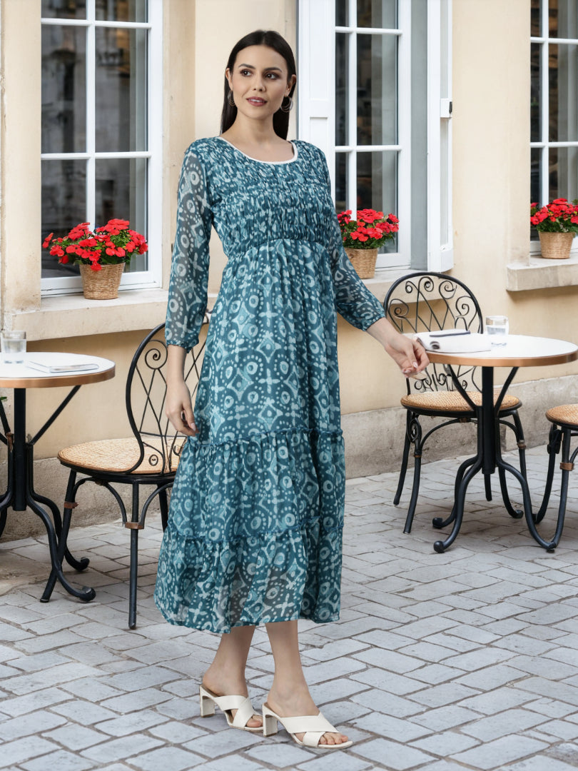 Women Blue Floral Chiffon Dress