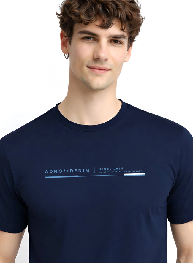 Men Navy Cotton Printed  T-Shirt