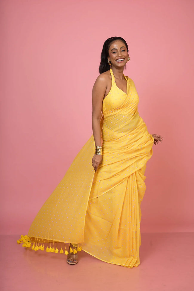 Basant Bahar Yellow Handloom Mul Cotton Polka Dotted Saree