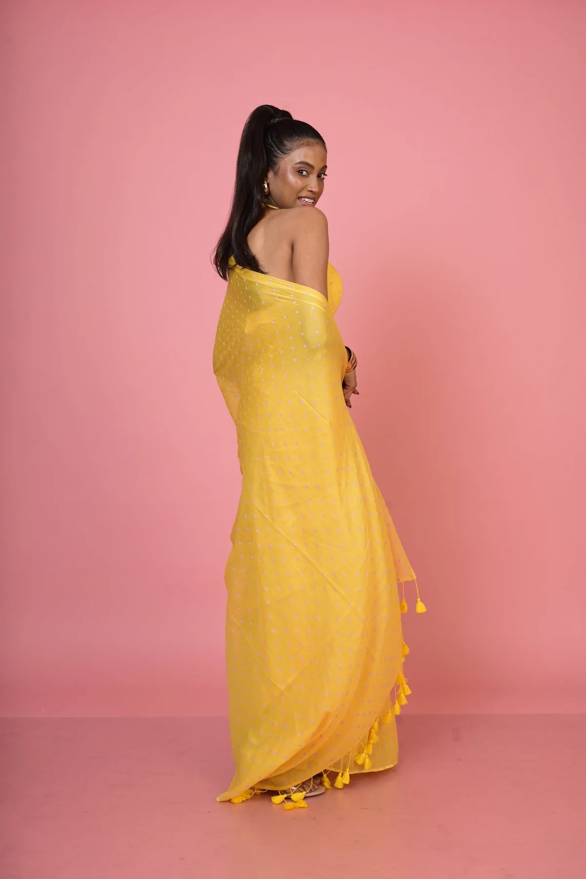 Basant Bahar Yellow Handloom Mul Cotton Polka Dotted Saree