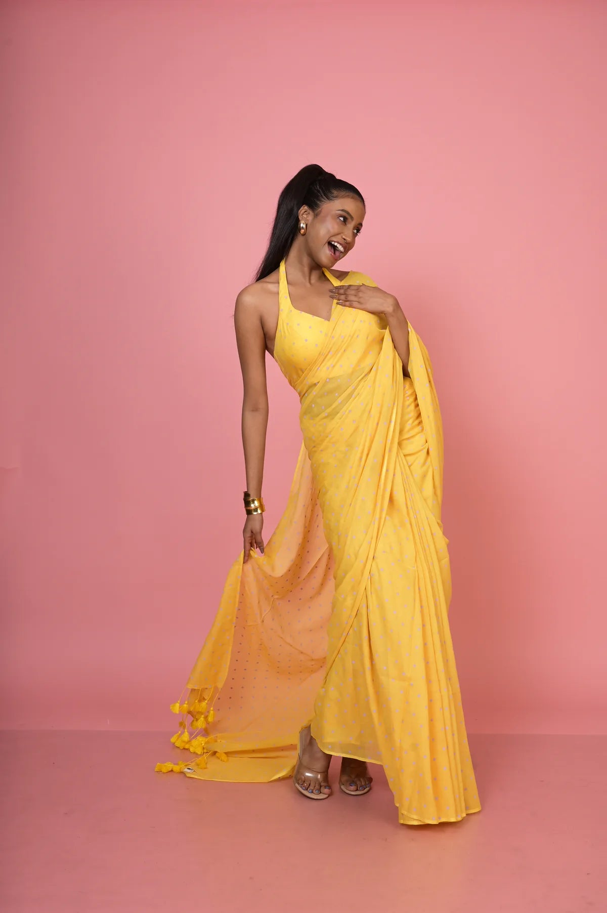 Basant Bahar Yellow Handloom Mul Cotton Polka Dotted Saree