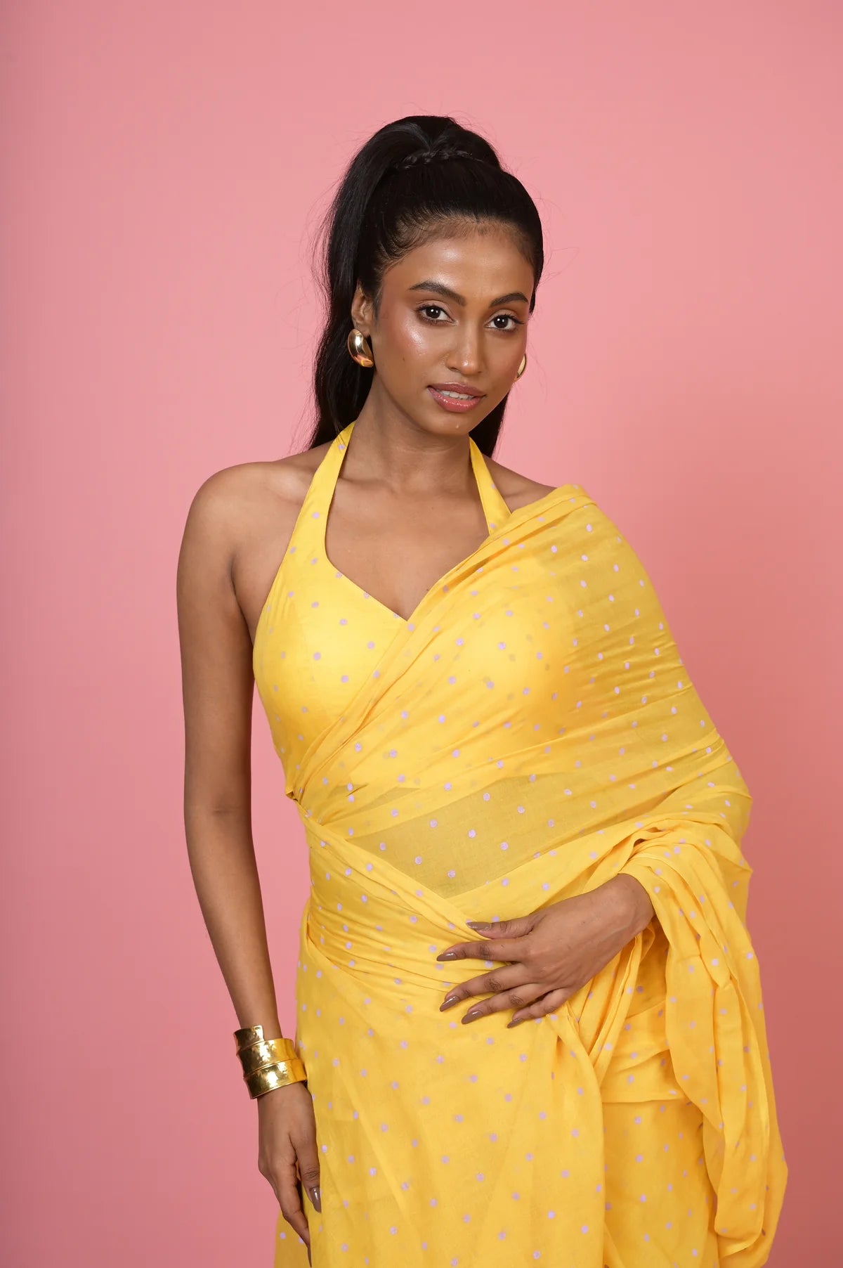Basant Bahar Yellow Handloom Mul Cotton Polka Dotted Saree