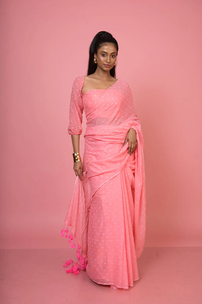 Rani pop Baby Pink Handloom Mul Cotton Polka Dotted Saree