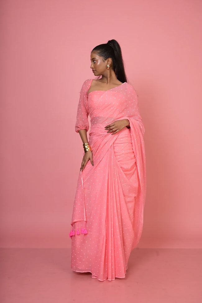 Rani pop Baby Pink Handloom Mul Cotton Polka Dotted Saree