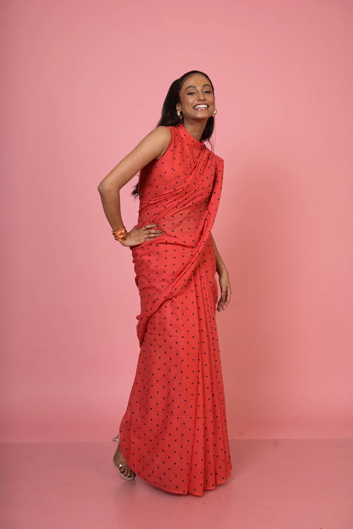 Chulbuli chilly Red Handloom Mul Cotton Polka Dotted Saree