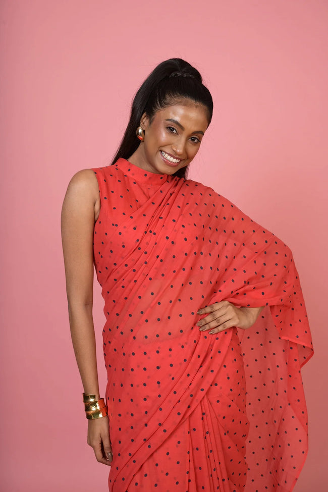 Chulbuli chilly Red Handloom Mul Cotton Polka Dotted Saree