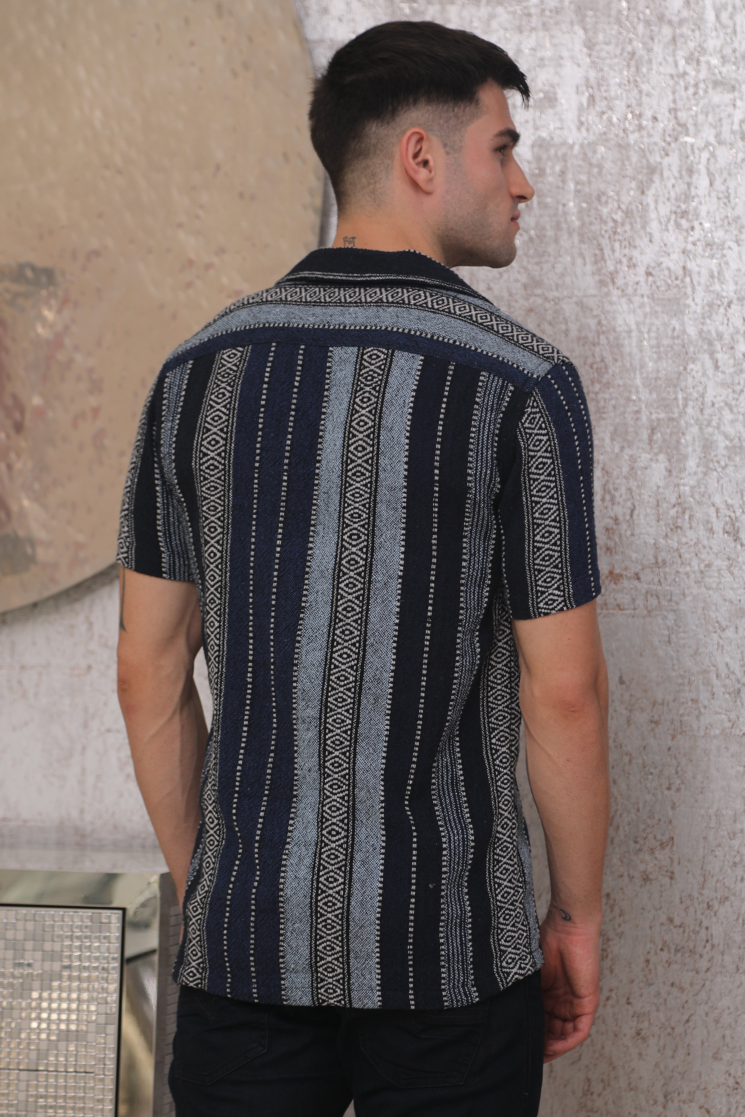 Men Laze Jacquard Striped Shirt Navy