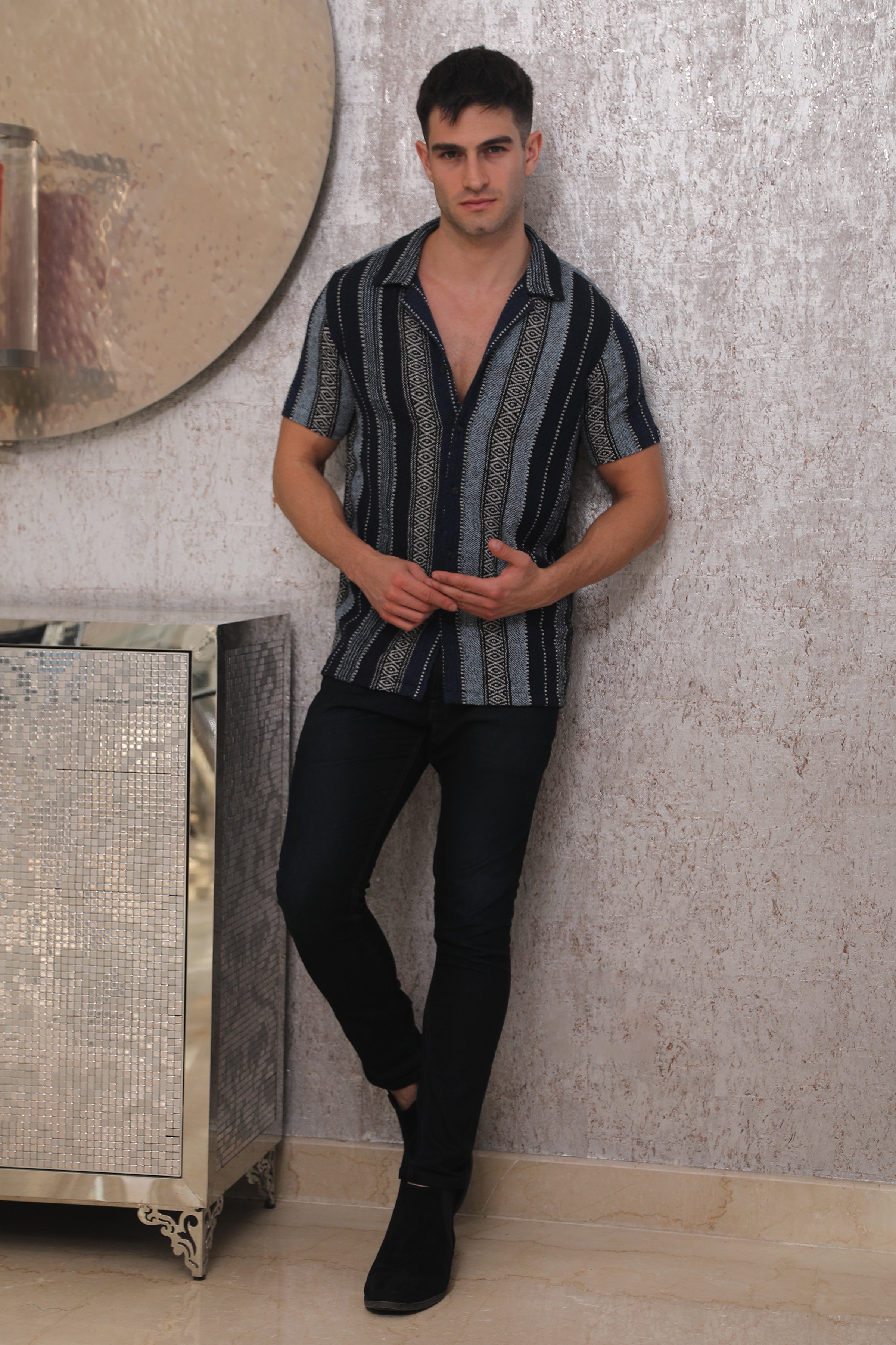 Men Laze Jacquard Striped Shirt Navy