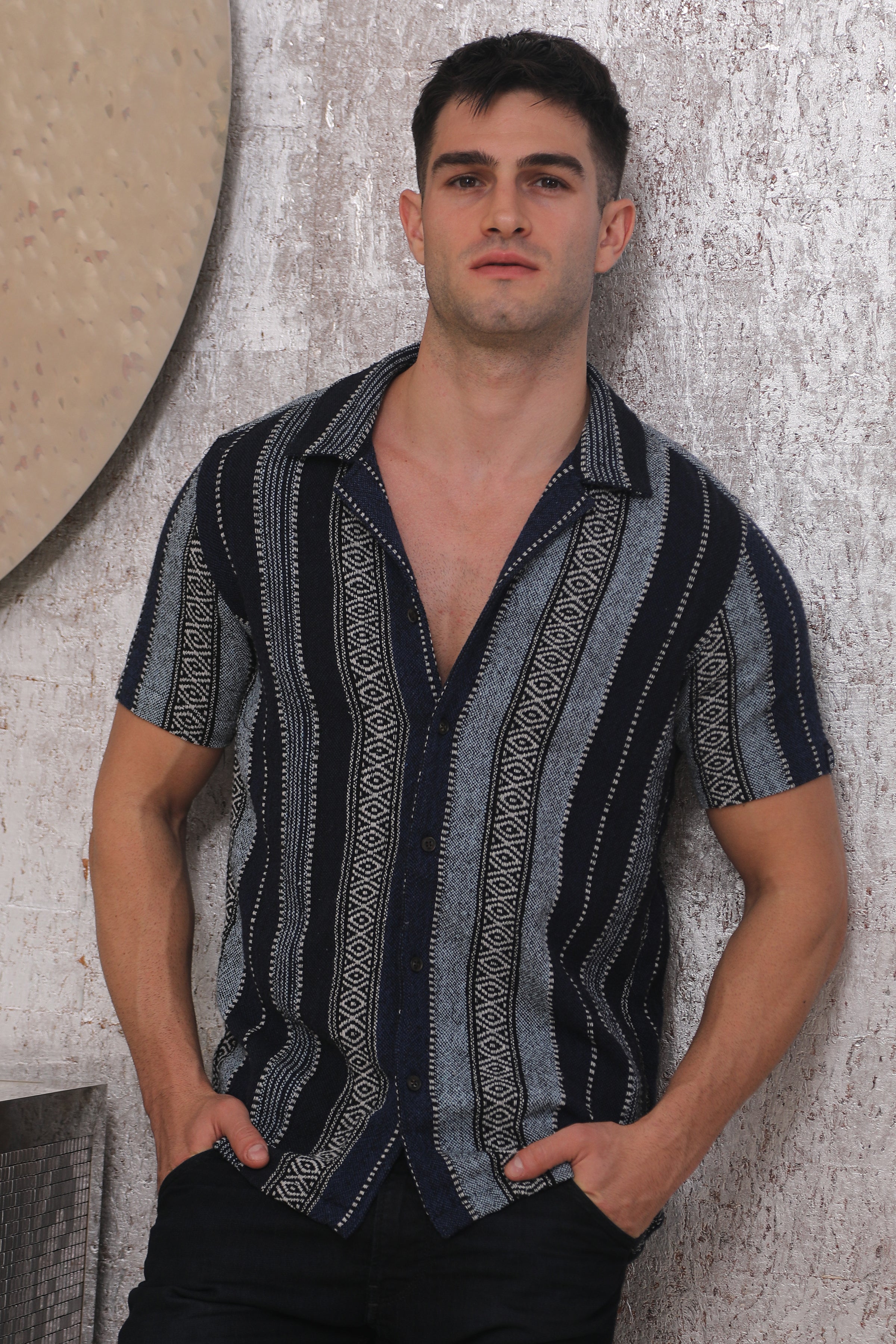 Men Laze Jacquard Striped Shirt Navy