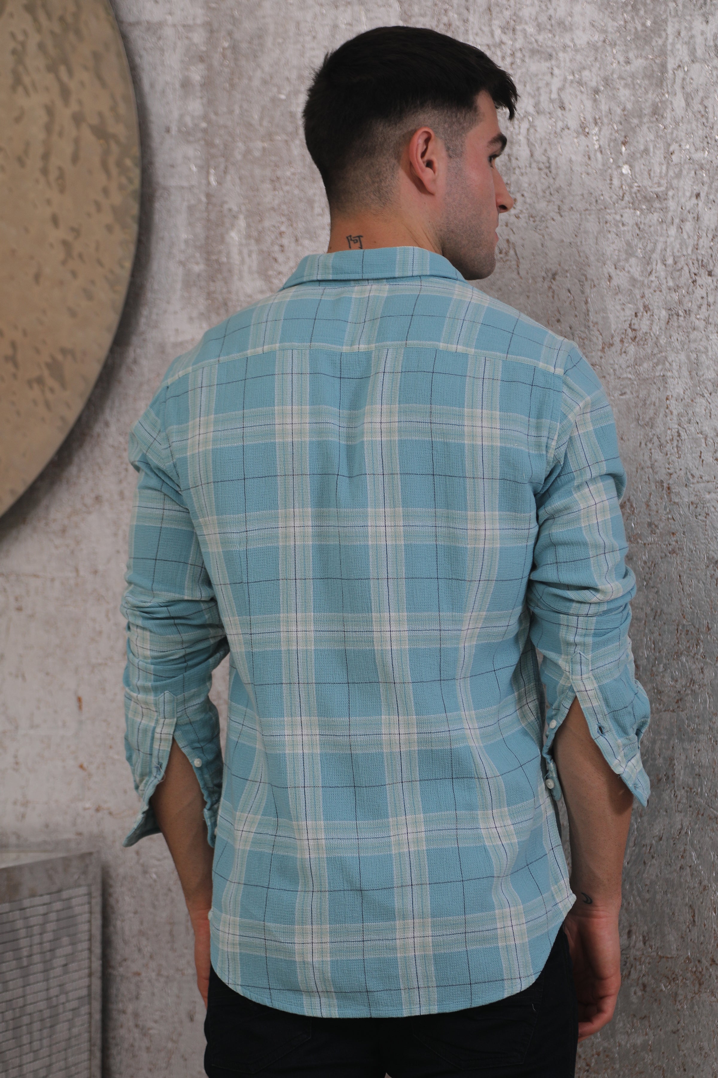 Men Dean Textured Check Shirt Turq