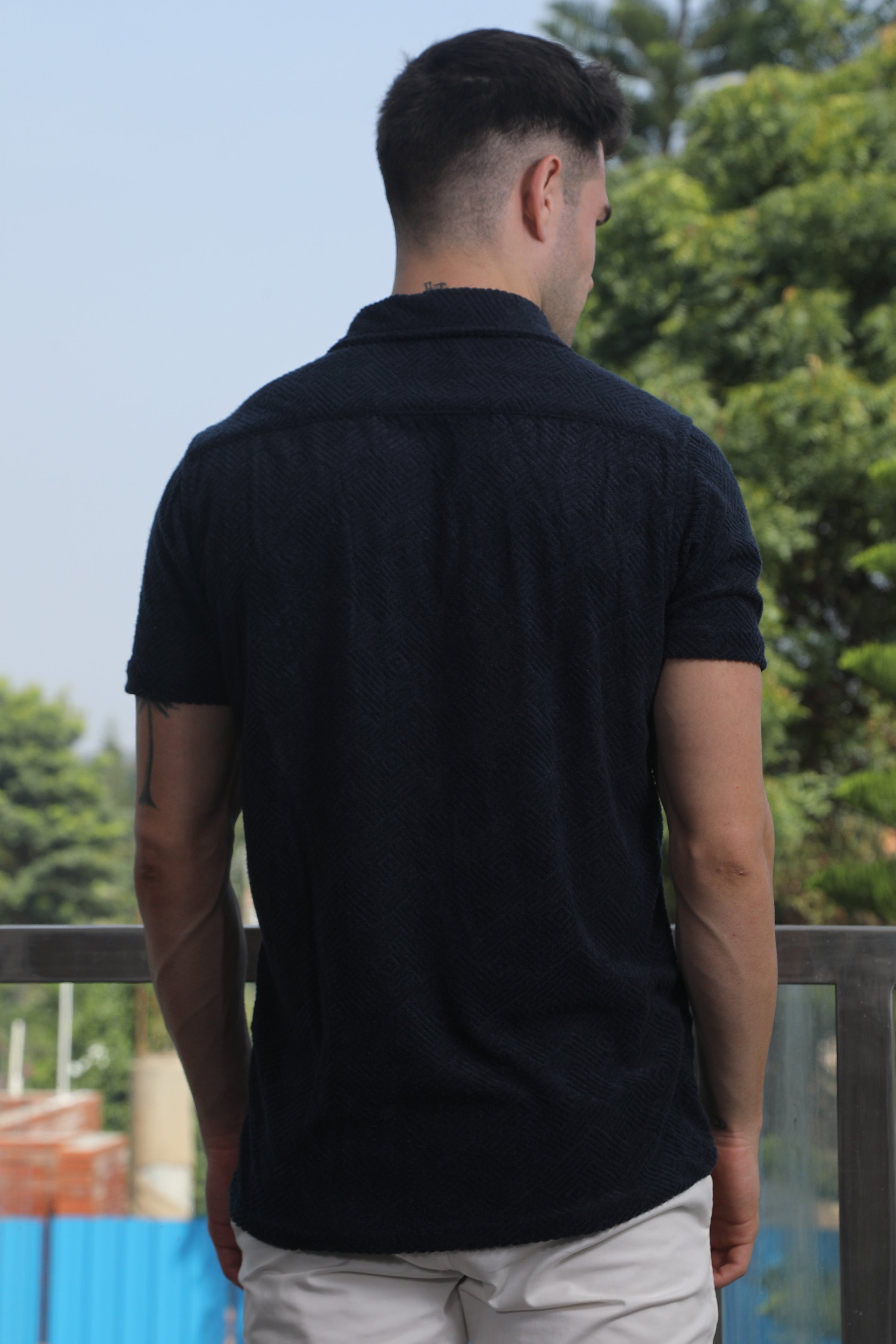 Men Mail Knitted Jacquard Shirt Navy