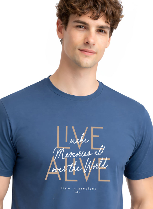Men Blue Cotton Printed  T-Shirt