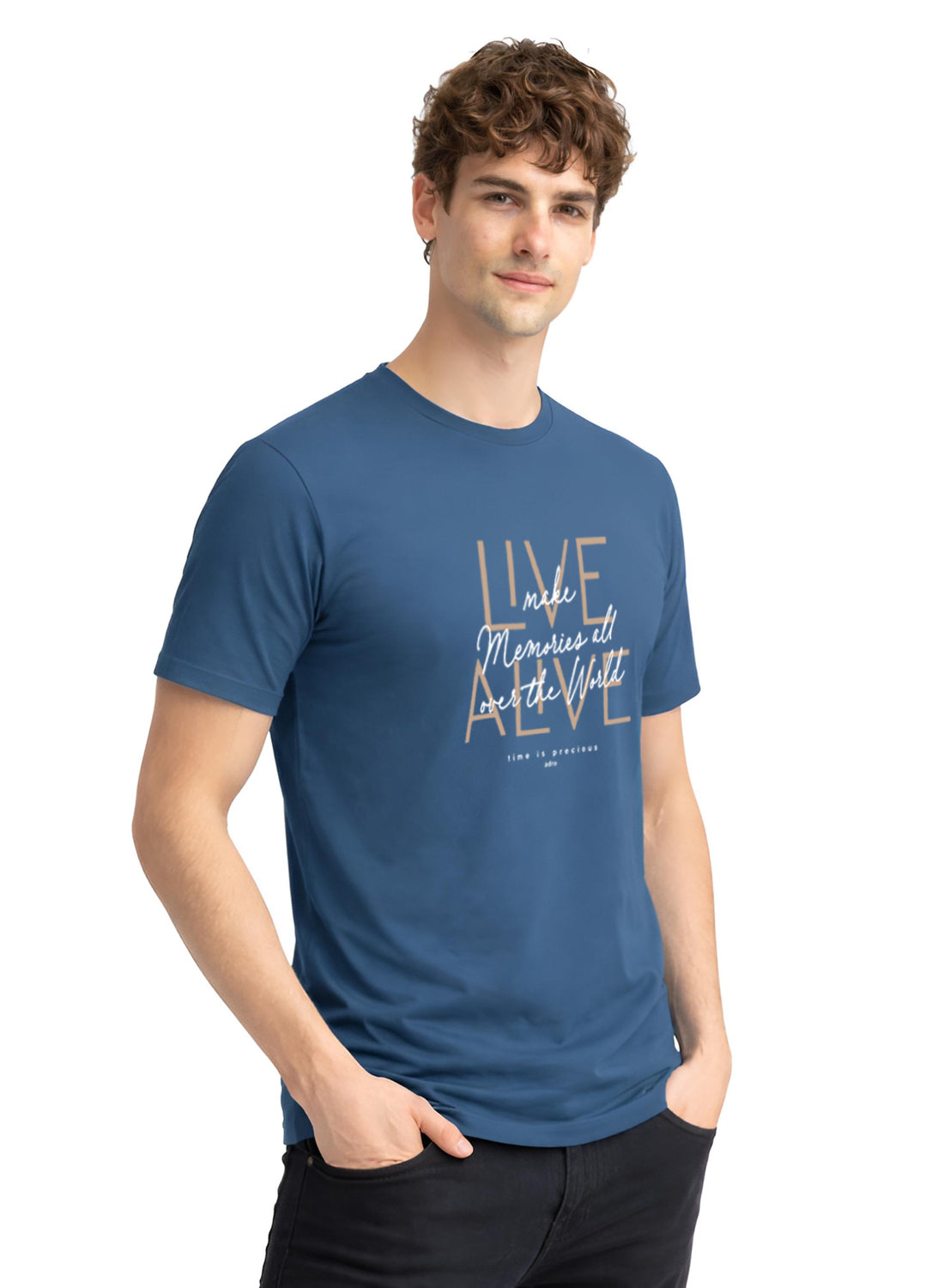 Men Blue Cotton Printed  T-Shirt
