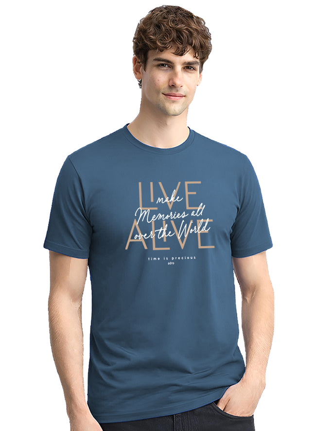 Men Blue Cotton Printed  T-Shirt