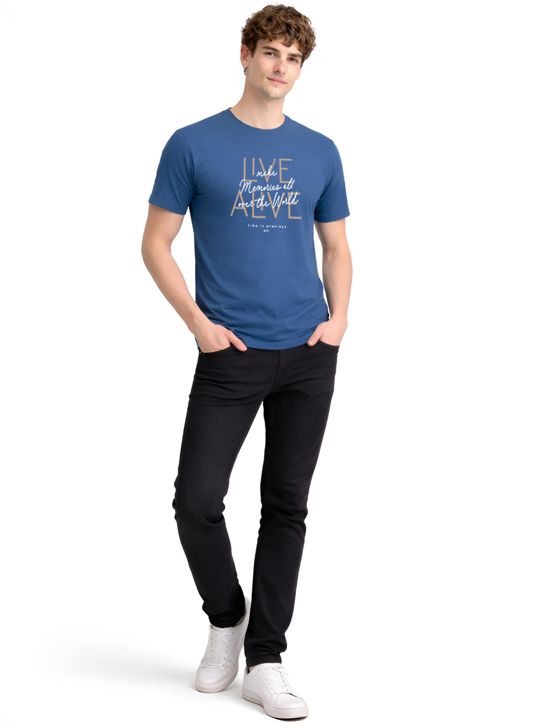 Men Blue Cotton Printed  T-Shirt