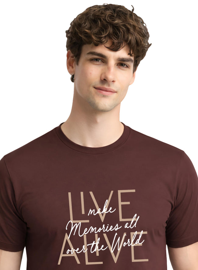 Men Brown Cotton Printed  T-Shirt