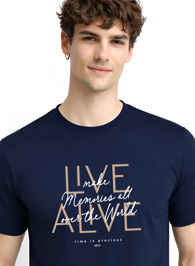Men Navy Cotton Printed  T-Shirt