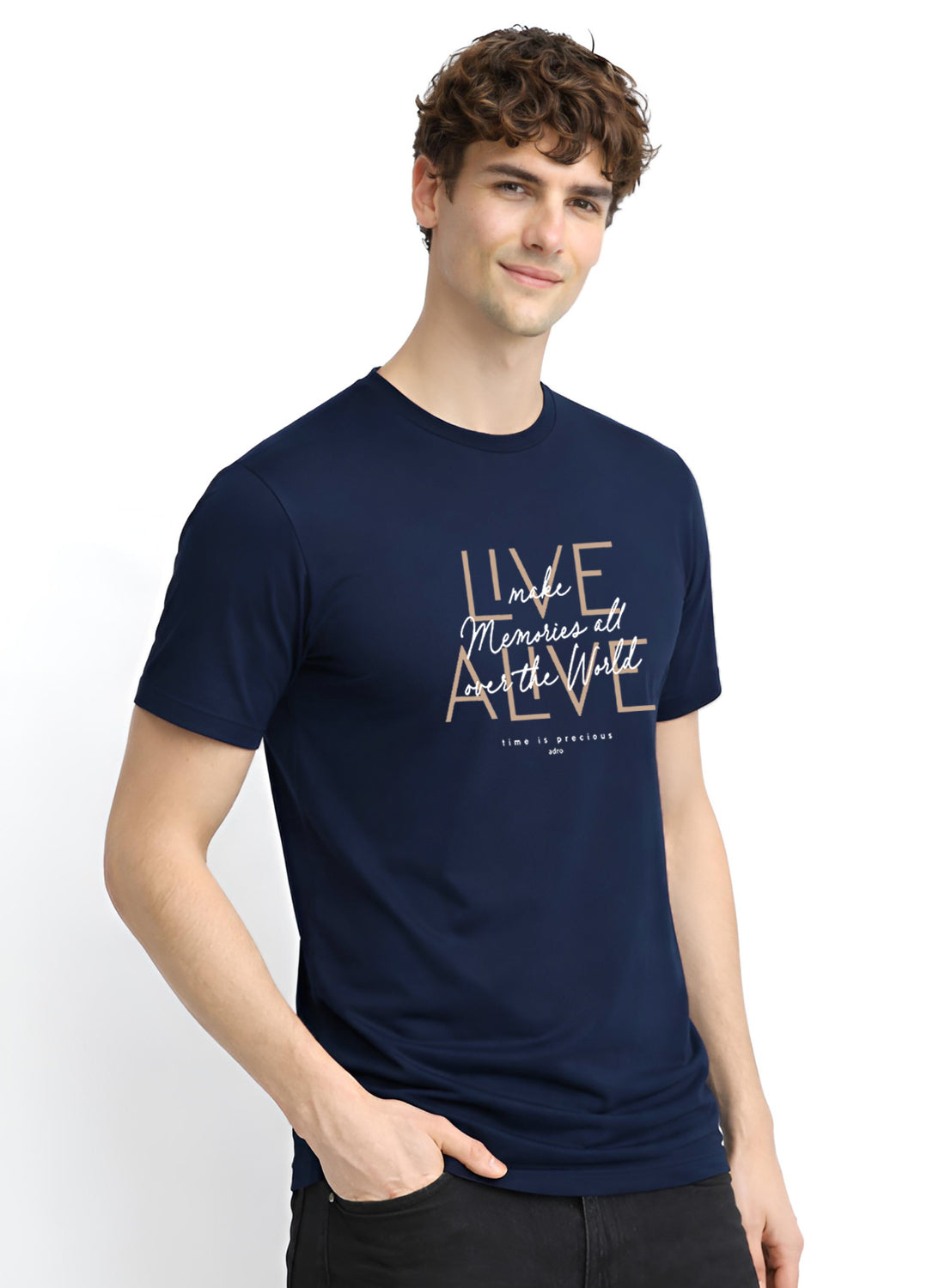 Men Navy Cotton Printed  T-Shirt