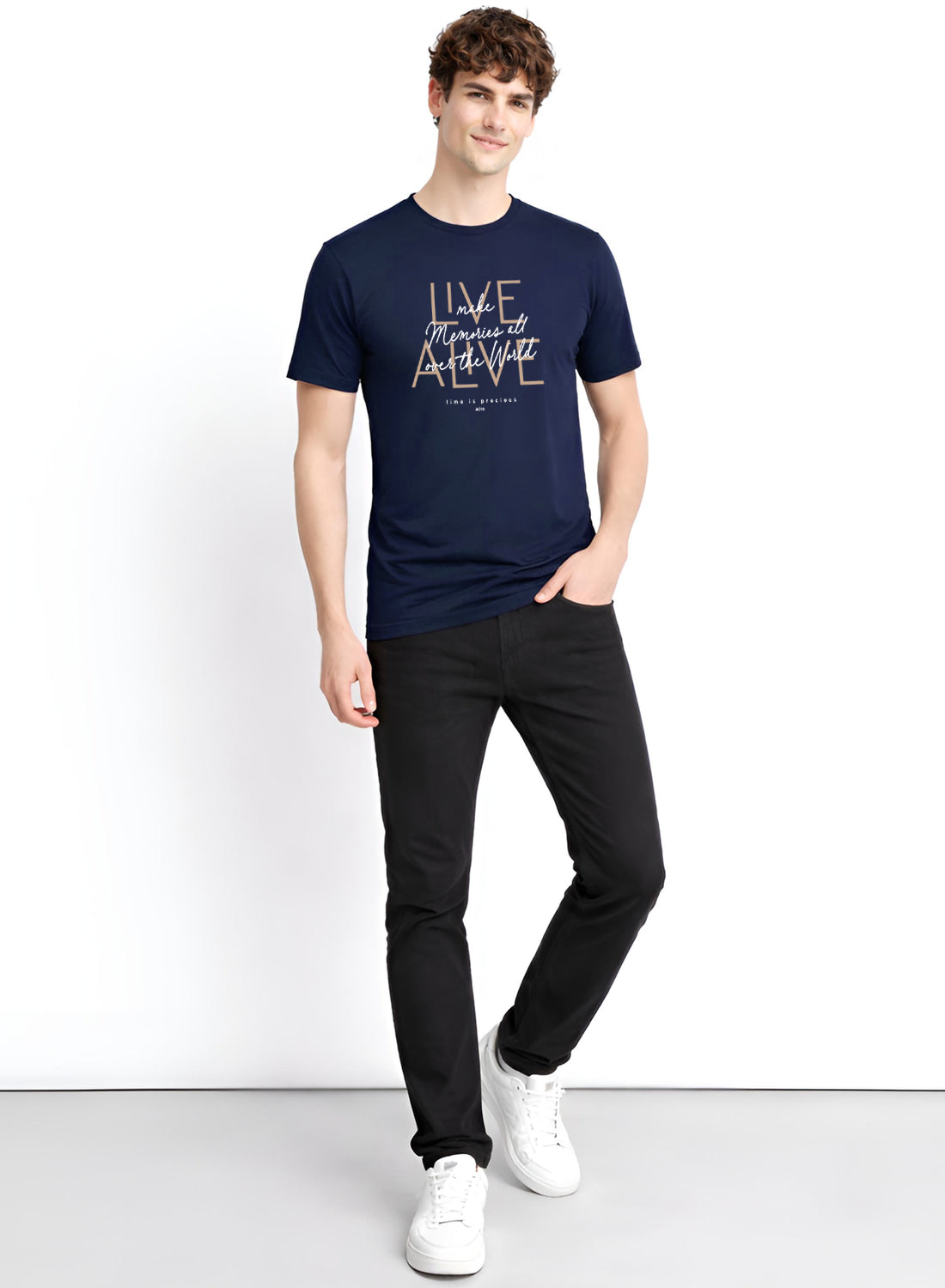 Men Navy Cotton Printed  T-Shirt
