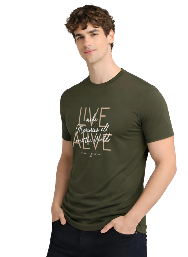 Men Olive Cotton Printed T-Shirt