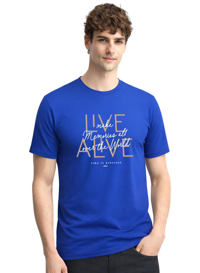 Men Blue Cotton Printed  T-Shirt