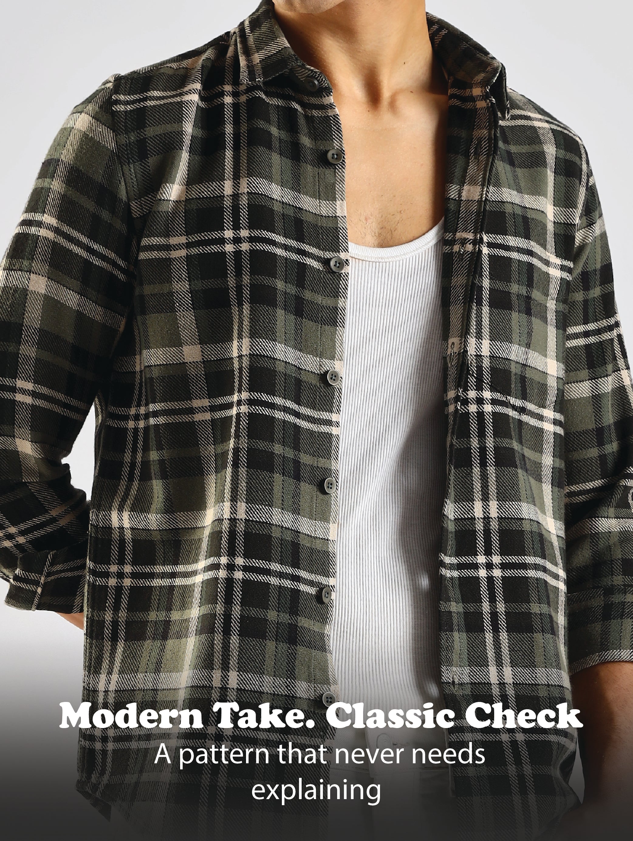 Men Olive Cotton Blend Checked Shirt