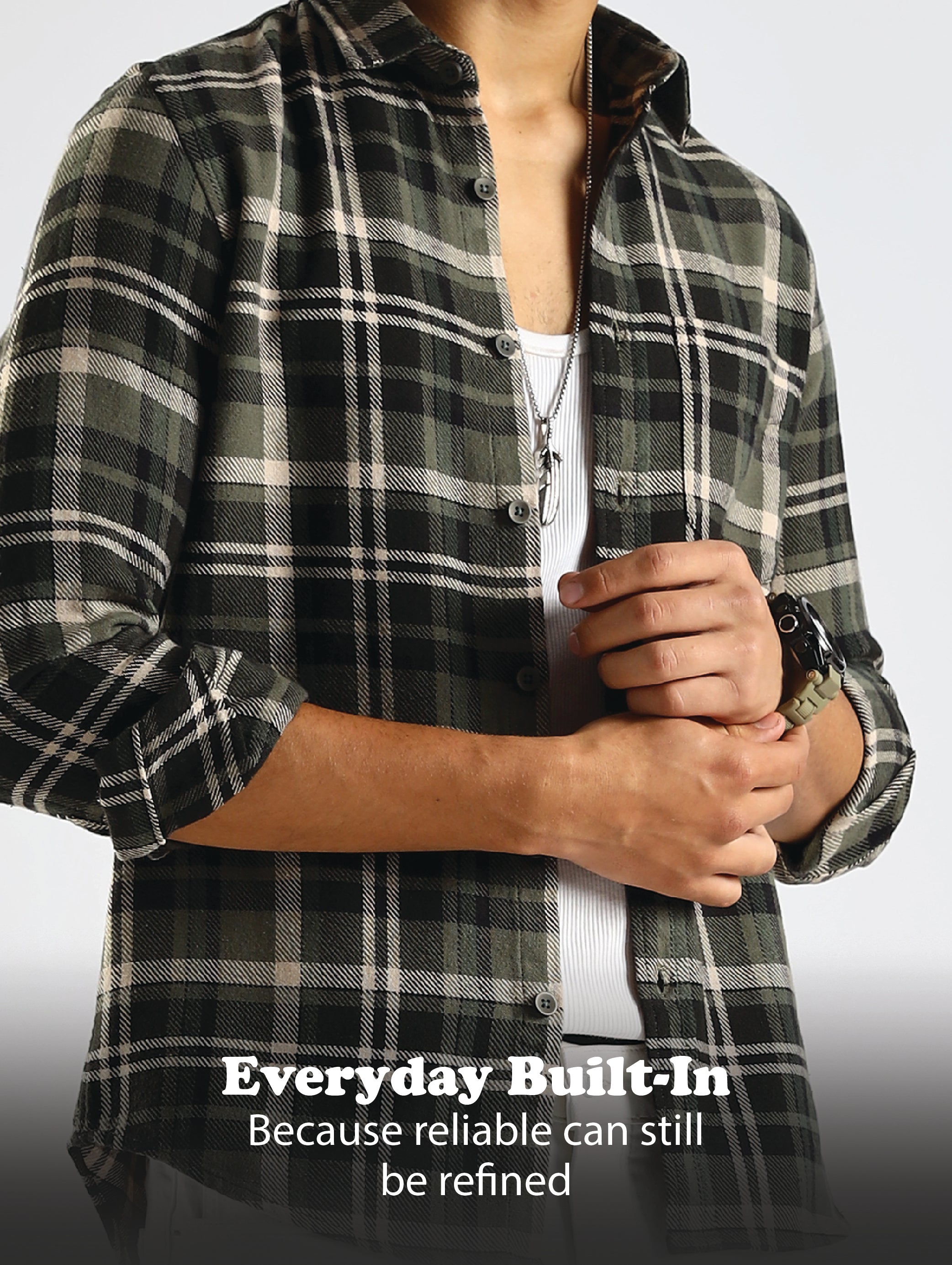 Men Olive Cotton Blend Checked Shirt