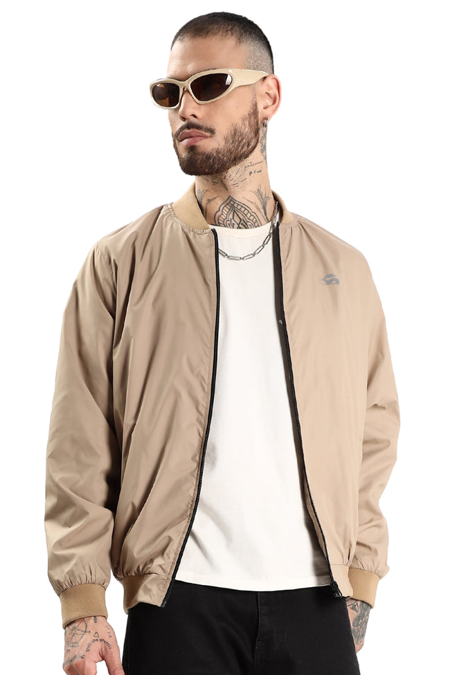 Men Beige Polyester Winter Jacket
