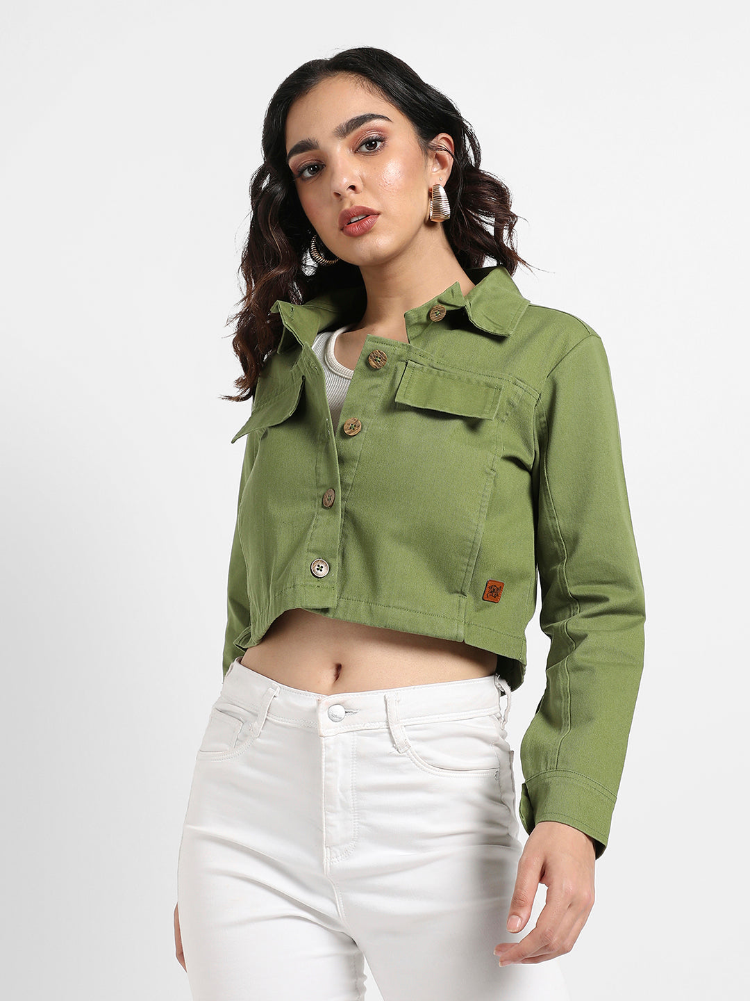 Women Green Cut-Out Crop Twill Jacket