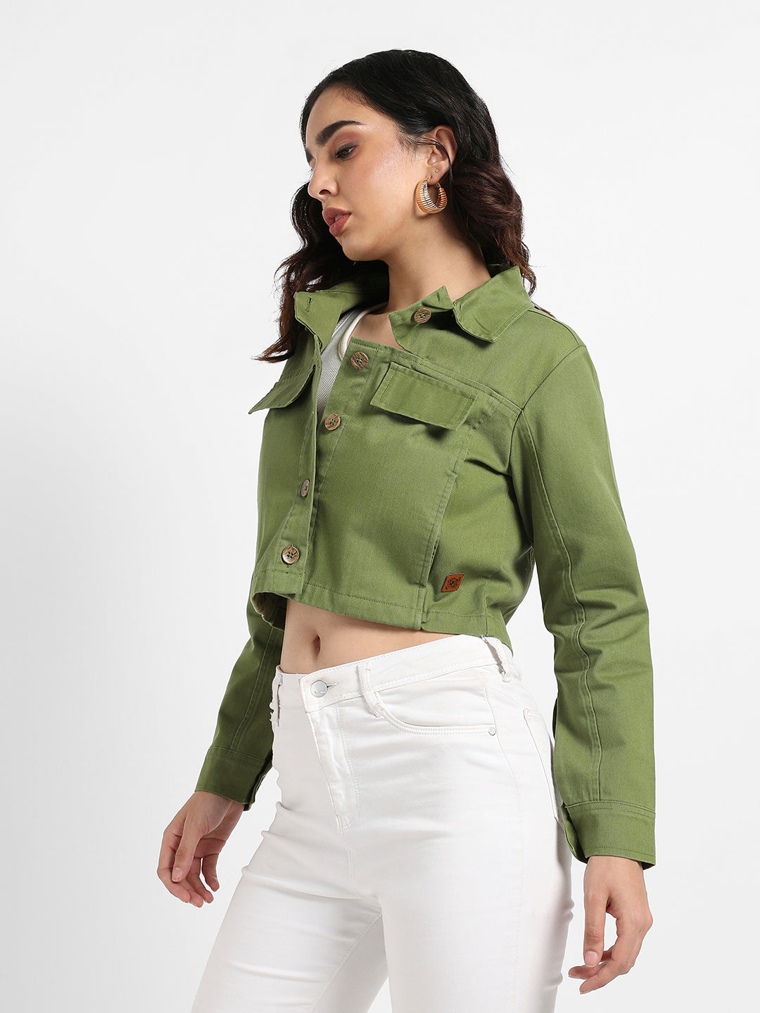Women Green Cut-Out Crop Twill Jacket
