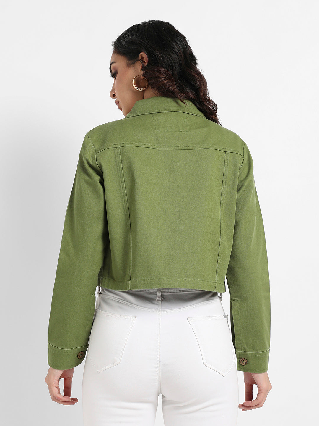 Women Green Cut-Out Crop Twill Jacket