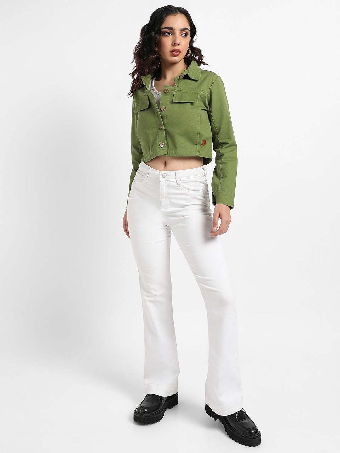 Women Green Cut-Out Crop Twill Jacket