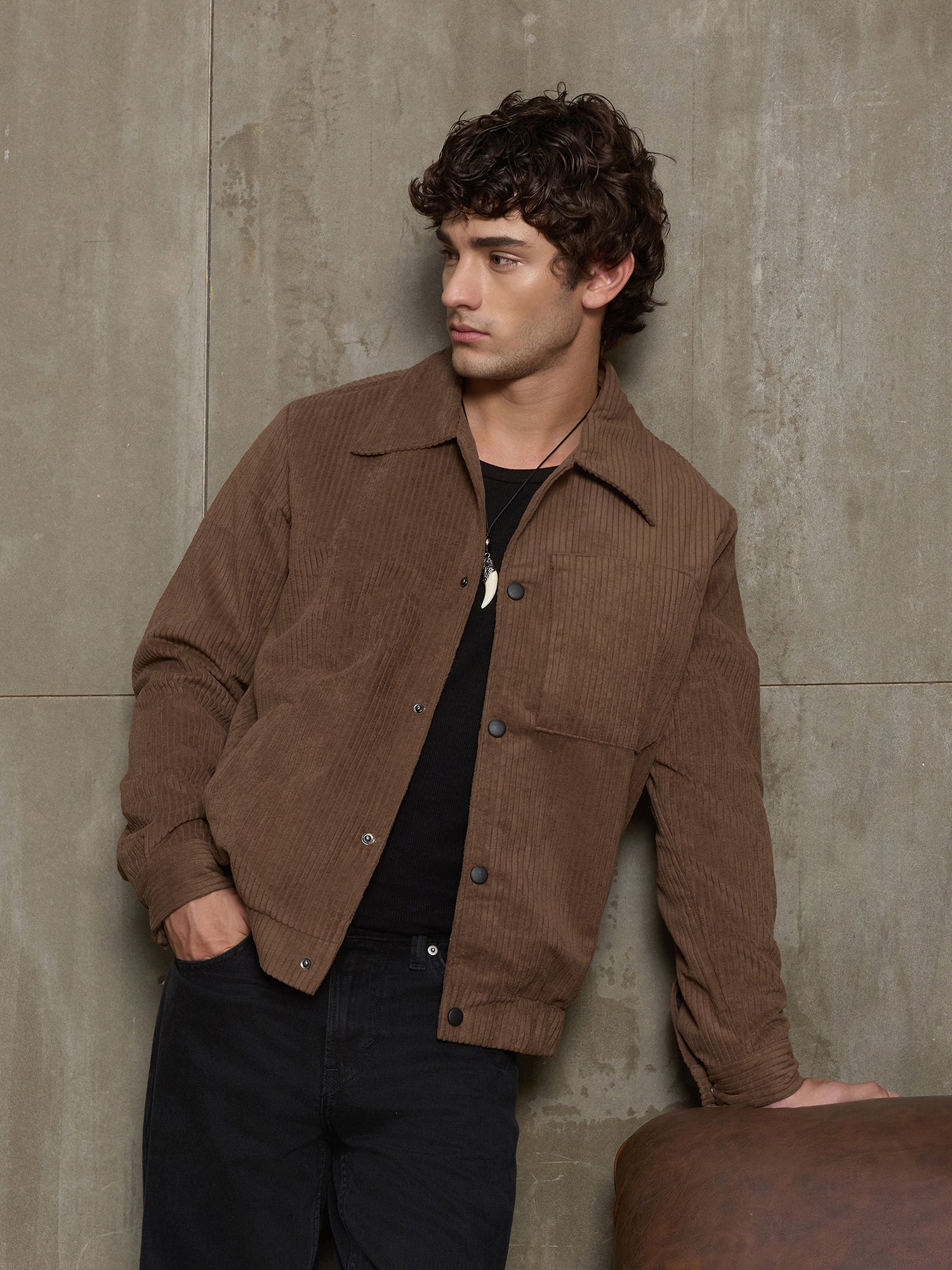 Men Brown Classic Self-Design Casual Jacket